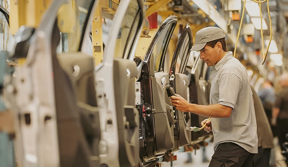 Automotive male employee working on a car production line for ergonomics