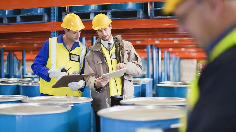 Safety worker looking at electonic SDS on tablet