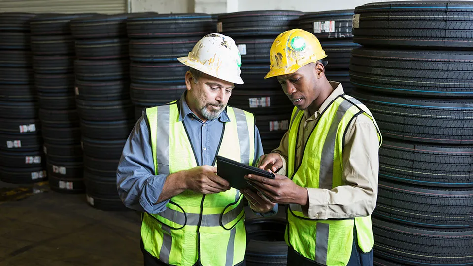 Two safety managers huddled together looking at job safety analysis on a tablet