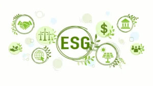 Floating green bubbles holding icons for Enironmental