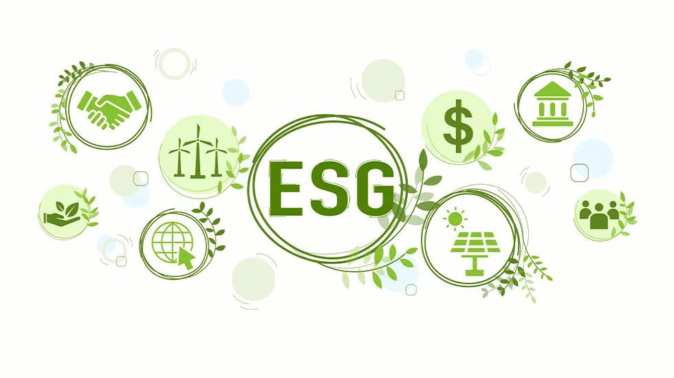 Floating green bubbles holding icons for Enironmental