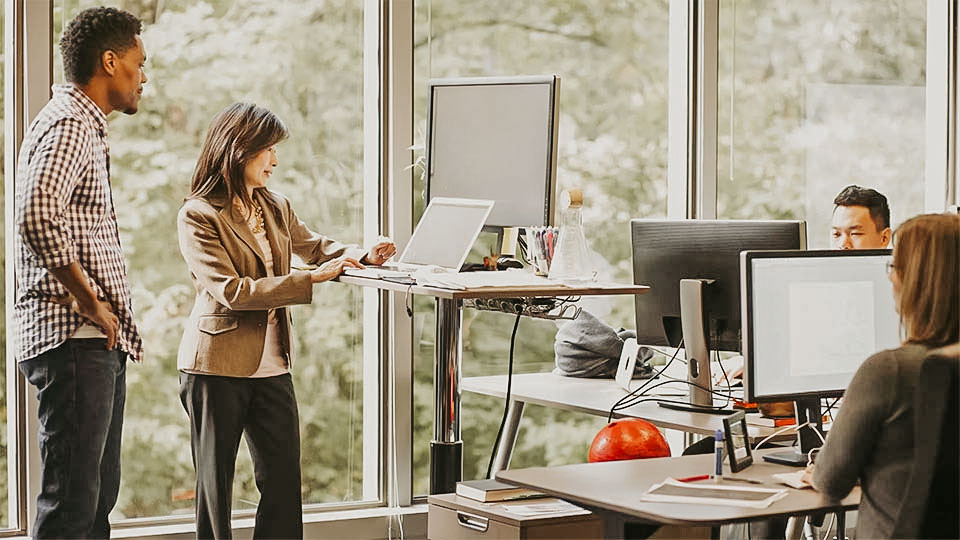 Employees at office displaying ergo solutions