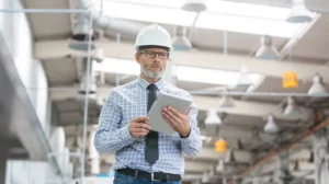 Safety Management Solution Hero. Man Wearing hard hat and glasses in factory.