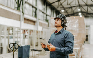EHS worker using AI on floor