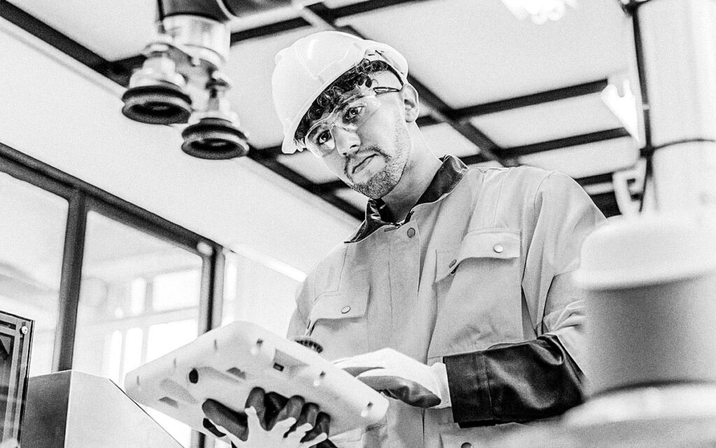 Engineer Working With Robotic Arm At Industrial Manufacturing.