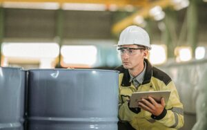 Male Engineer And Storage Tank At Manufacturing Factory