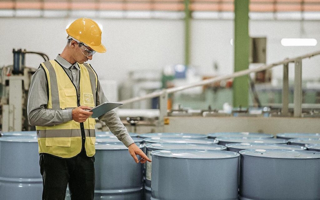 Male Engineer And Storage Tank At Manufacturing Factory