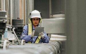 Engineer Under Checking The Industry Cooling Tower Air Conditioner Is Water Cooling Tower Air Chiller Hvac Of Large Industrial Building To Control Air System
