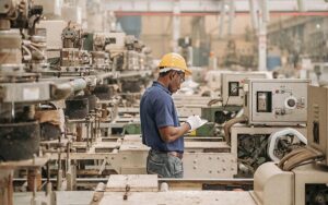 Male Manufacturers African Working On Production Line At Plastic Bag Machine