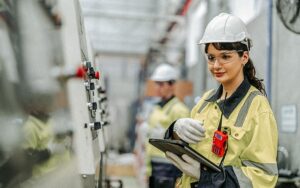 Male And Female Engineers In Neat Work Clothes Prepare And Control The Production System Of Large Modern Machines In A Factory Producing Industrial Technology Products.