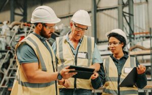Serious, Talking Team Of Logistics Workers Planning On Tablet, Building At A Factory And Doing Inspection At A Warehouse. Architects And Technicians Doing Construction And Working On Design Plan