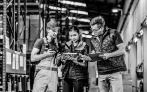 A Group Of Workers Working In A Warehouse.