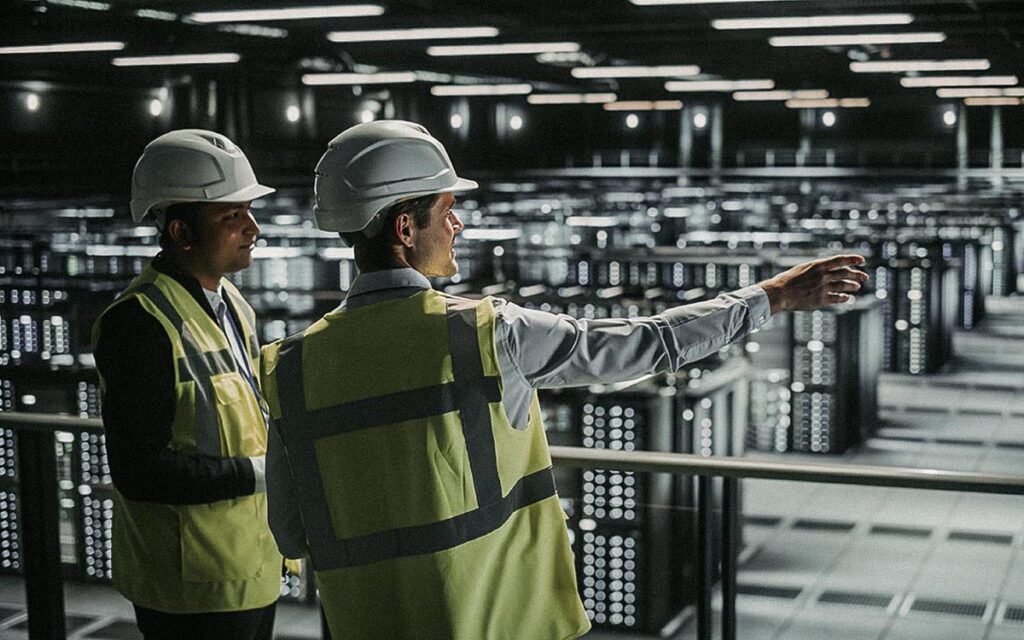 Data Center It Specialist And System Administrator Talk, Use Tablet Computer, Wearing Safety Wests. Server Clod Farm With Two Information Technology Engineers Checking Cyber Security.