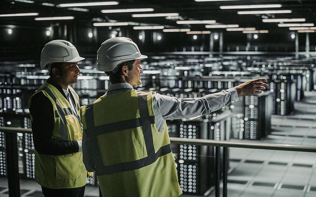 Data Center It Specialist And System Administrator Talk, Use Tablet Computer, Wearing Safety Wests. Server Clod Farm With Two Information Technology Engineers Checking Cyber Security.
