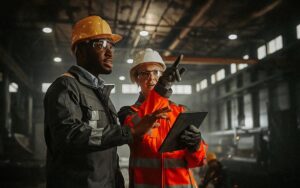 Two Heavy Industry Engineers Stand In Steel Metal Manufacturing Factory, Use Digital Tablet Computer And Have A Discussion. Black African American Industrial Specialist Talk To Female Technician.