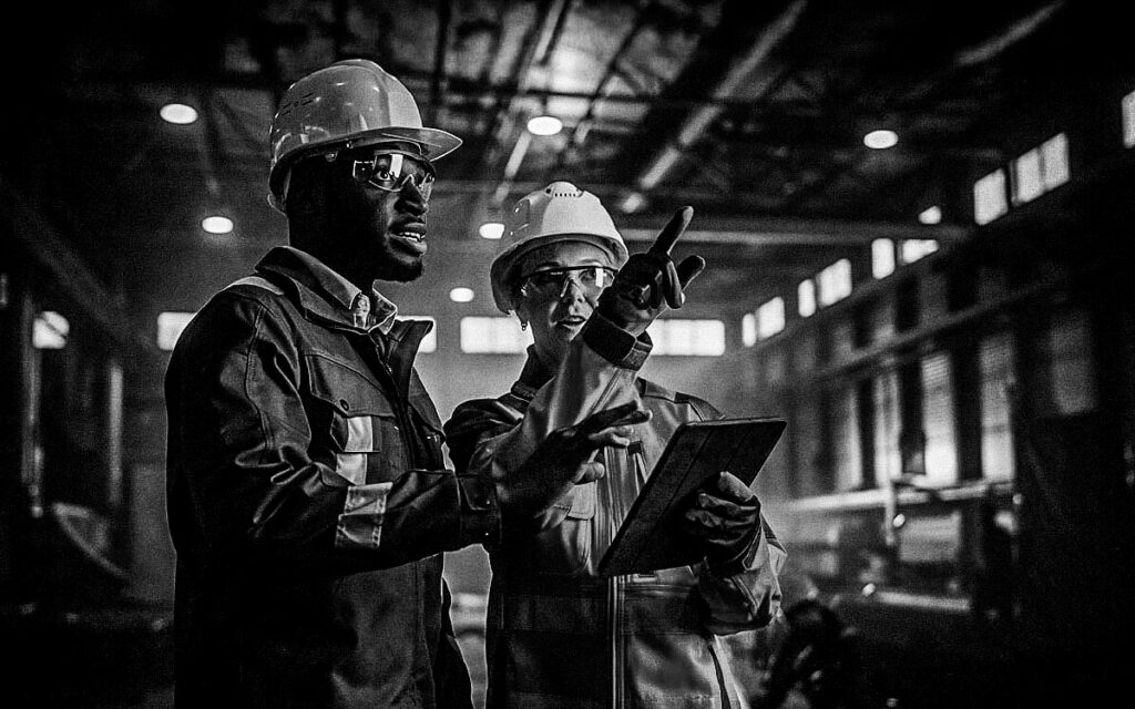 Two Heavy Industry Engineers Stand In Steel Metal Manufacturing Factory, Use Digital Tablet Computer And Have A Discussion. Black African American Industrial Specialist Talk To Female Technician.