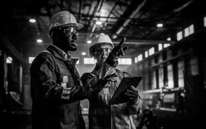 Two Heavy Industry Engineers Stand In Steel Metal Manufacturing Factory, Use Digital Tablet Computer And Have A Discussion. Black African American Industrial Specialist Talk To Female Technician.