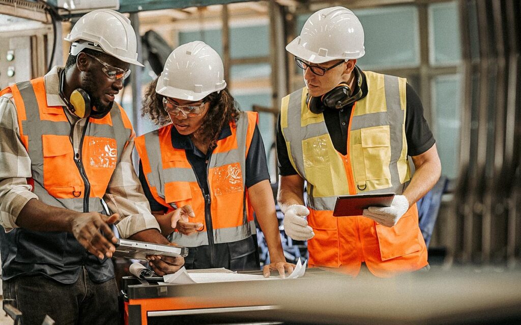 Reduce Manufacturing Waste Solution. Group Of Manufacturing Process Engineers Having A Discussion About Welding Assembly Process Improvement To Reduce Parts Defect During Production In Front Of The Production Line.