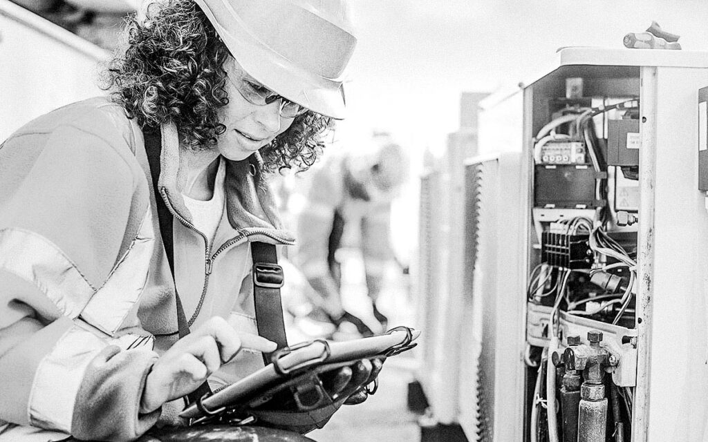 Female Electrician With Aircon Unit