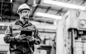 Portrait Of Professional Engineer Senior Staff Hand Control Checking Work Flow Of Machinery System In Factory Background With Tablet Laptop Technology Device